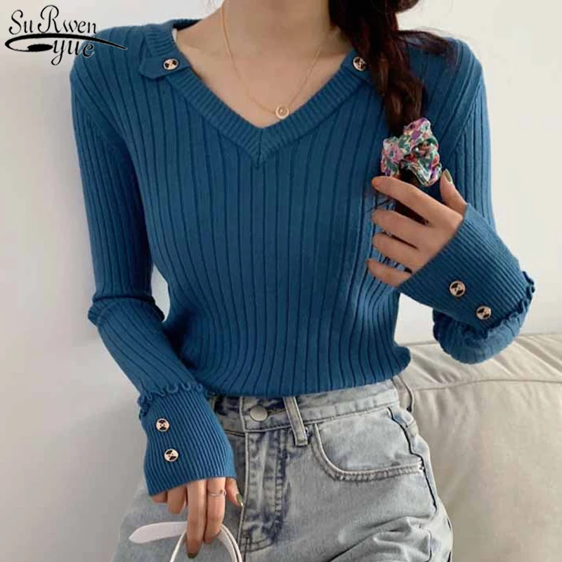 Свитер женский с V-образным вырезом однотонный в полоску 2021 | Женская одежда