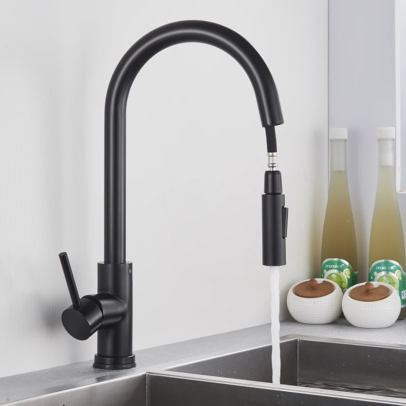 

Black Kitchen Faucet Two Function Single Handle Pull Out Mixer Hot and Cold Water Taps Deck Mounted 360 Degree Rotation Stream