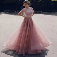 pink beading tassel evening dresses 2020 a line high neck short sleeve tulle evening gowns middlle east formal dress