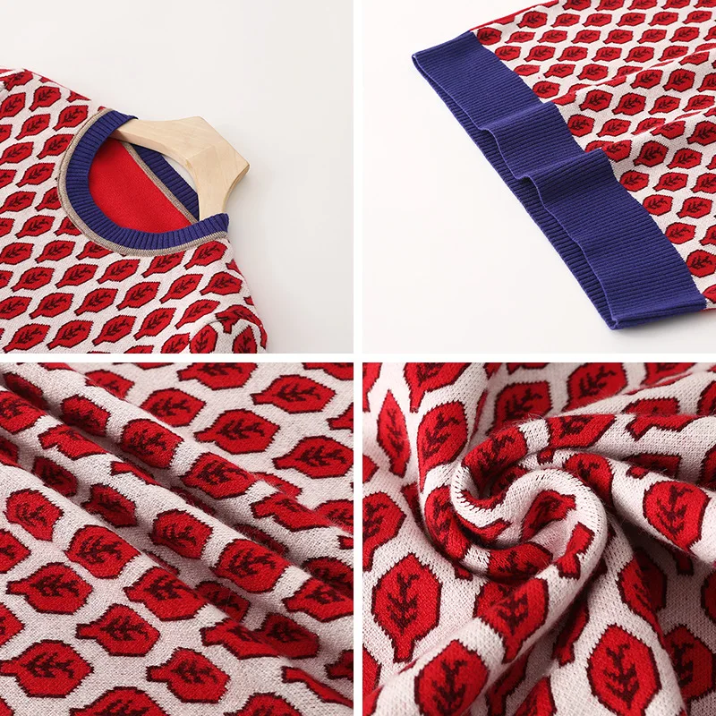 Long Sleeve O-Neck Lurex Christmas Pullovers Autumn Knitted Retro Tops Women New Vintage Red Leaf Jacquard Warm Sweaters C-007 | Женская