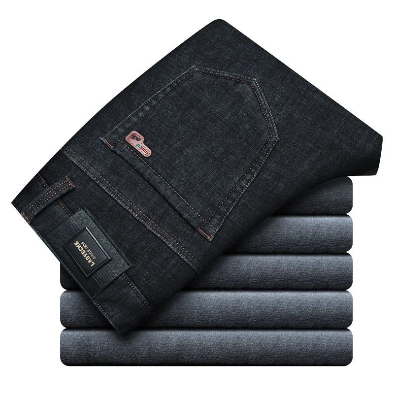 Brand Winter New Men's Warm Fleece Jeans Business Casual Elasticity Thick Slim Denim Pants Brand Trousers Black Blue