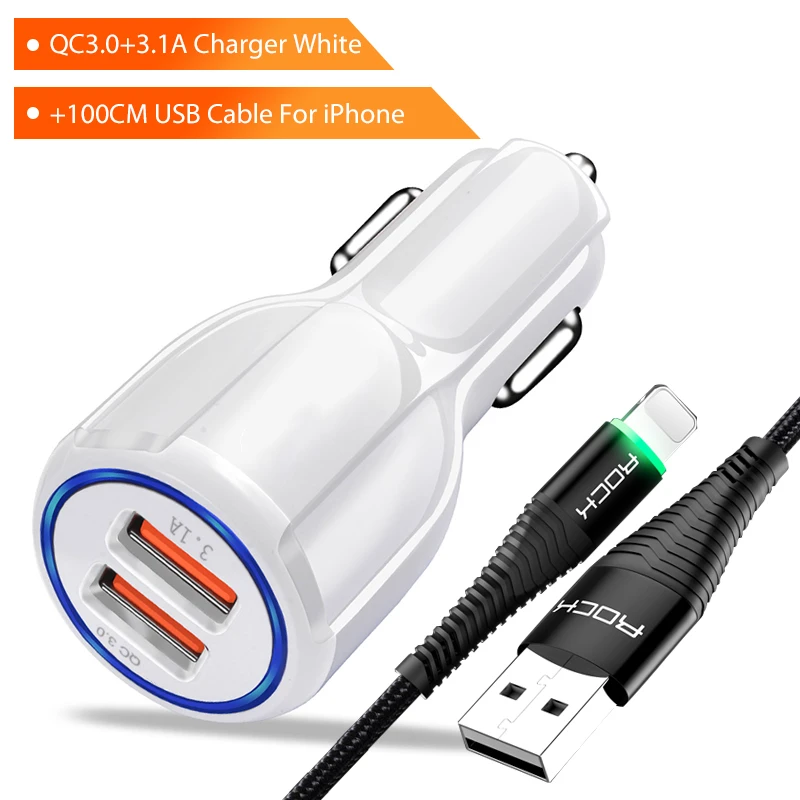 Power Set For iPhone Автомобильное зарядное устройство ROCK QC 3,0 Для Xiaomi huawei iPhone X 8 7 6 samsung Xiaomi Dual USB Quick Charge 3,0 Автомобильное зарядное устройство - Тип штекера: Power Set For iPhone