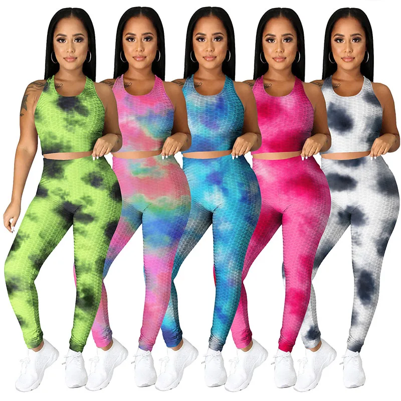 

YUNBBZ Tie Dye Two Piece Set Vest Crop Top Sweatpants Summer Vacation Outfits for Women Tracksuit Loungewear Casual Matching Set
