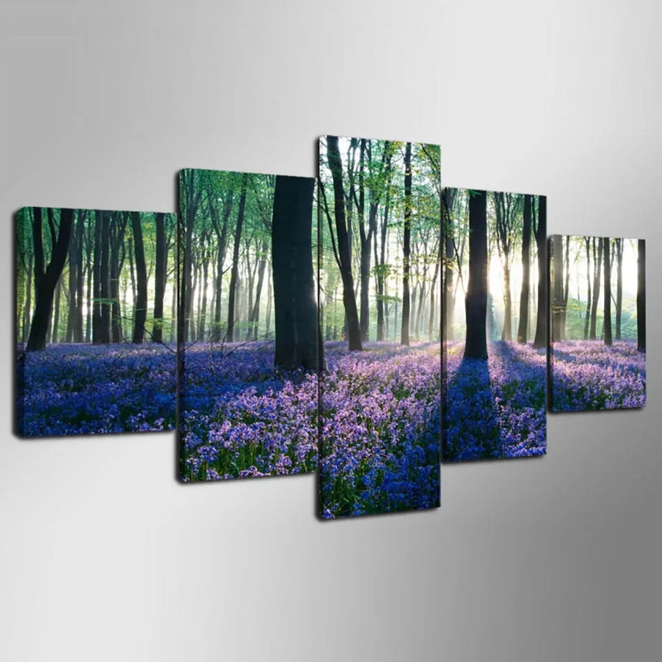 

Framework Living Room HD Printed Posters 5 Panel Early Morning Forest Lavender Home Decoration Modern Art Painting