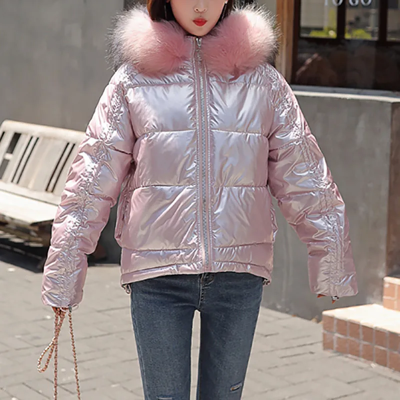 Серебристо розовые зимние парки Женское пальто глянцевая хлопковая верхняя
