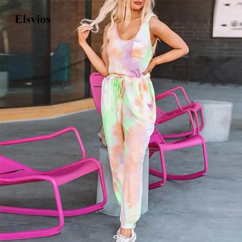 

Summer Two Pieces Tie Dye Women Set Sexy O Neck Sleeveless Shirt and Drawstring Long Pants Suits Elegant Pocket Casual Tracksuit