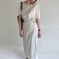 plain women korean janpan 2020 summer o neck short sleeve lace up maxi dresses robe evening party dresses