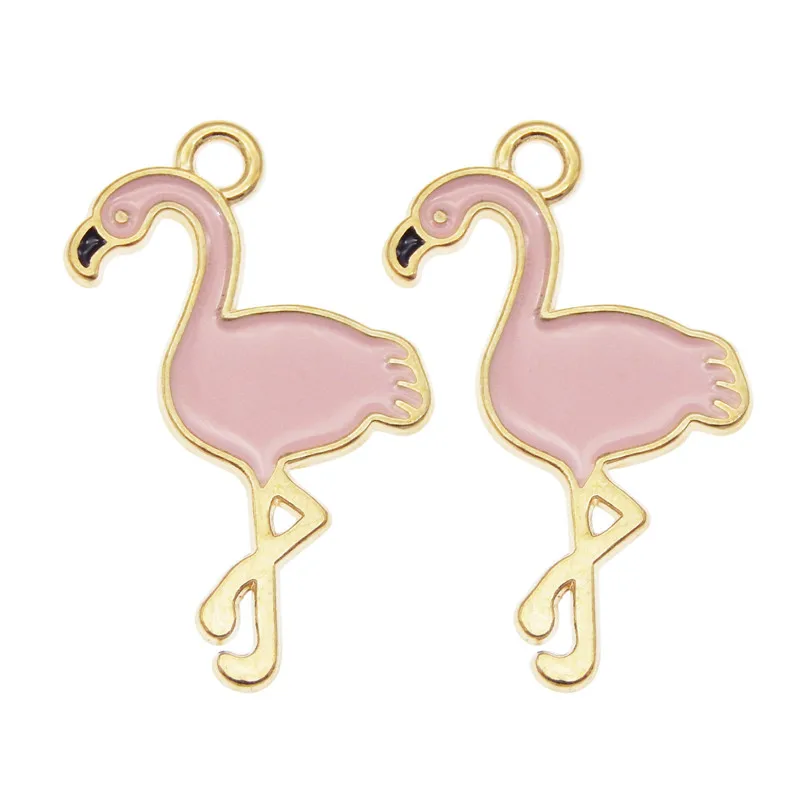 10 шт. розовые эмалевые подвески в виде фламинго из сплава|Шармы| |