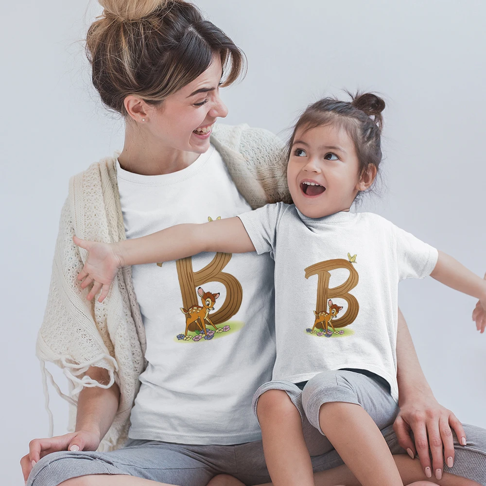 

Disney Bambi Letter B Printed T Shirt Women Short Sleeve Summer Top Tumblr Girl Tees Vogue Design Family Matching Clothes