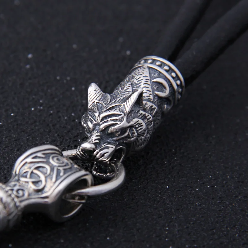 S925 стерлингового серебра Викинг-волк головы с thor's Молот Мьёльнир Кулон кожаный мужской ожерелье как рождественский подарок