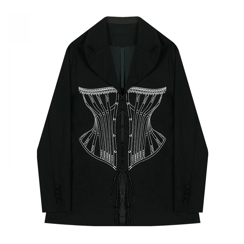 

Women's Black Suit Jacket With Cross Tie Waist Waist Autumn Style Clothes-Waist Design Print Long Sleeve Casual Female Blazer