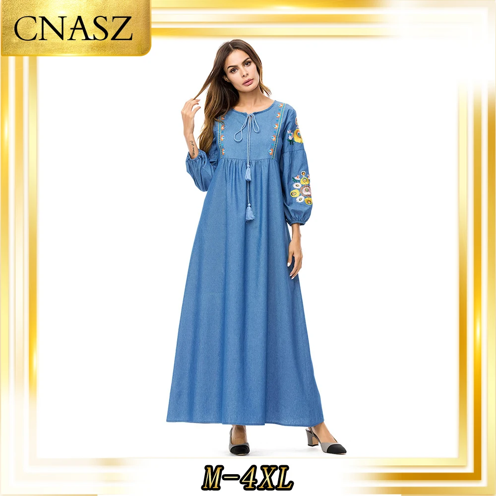 Muslim Robes Autumn Kaftan Gown Fashion Simple New Embroidered A Word Denim Skirt Loose Casual Dress | Тематическая одежда и