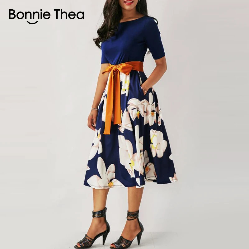 Женское платье бонни Thea летнее и осеннее синее с принтом женское офисное