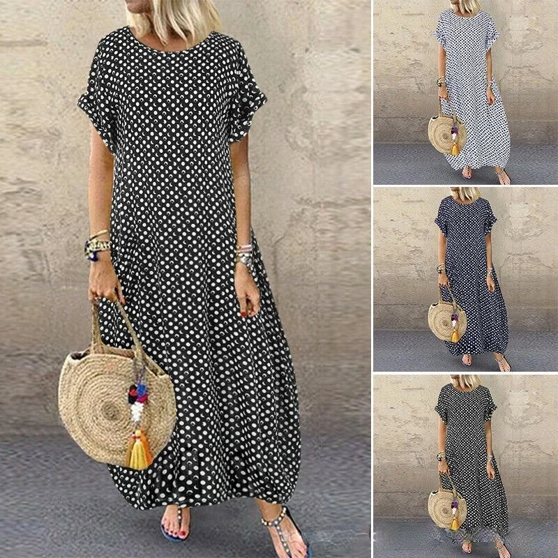 

Женское платье с коротким рукавом, свободное платье большого размера с круглым вырезом и принтом в горошек, лето-осень 2021