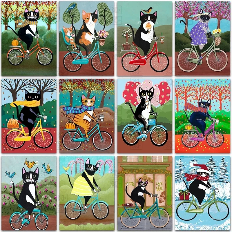 

Diamond Painting New Arrival Full Square Cartoon Animal Cat Cycling Diamond Embroidery Bicycle Diy Cross Stitch Set Home Decor