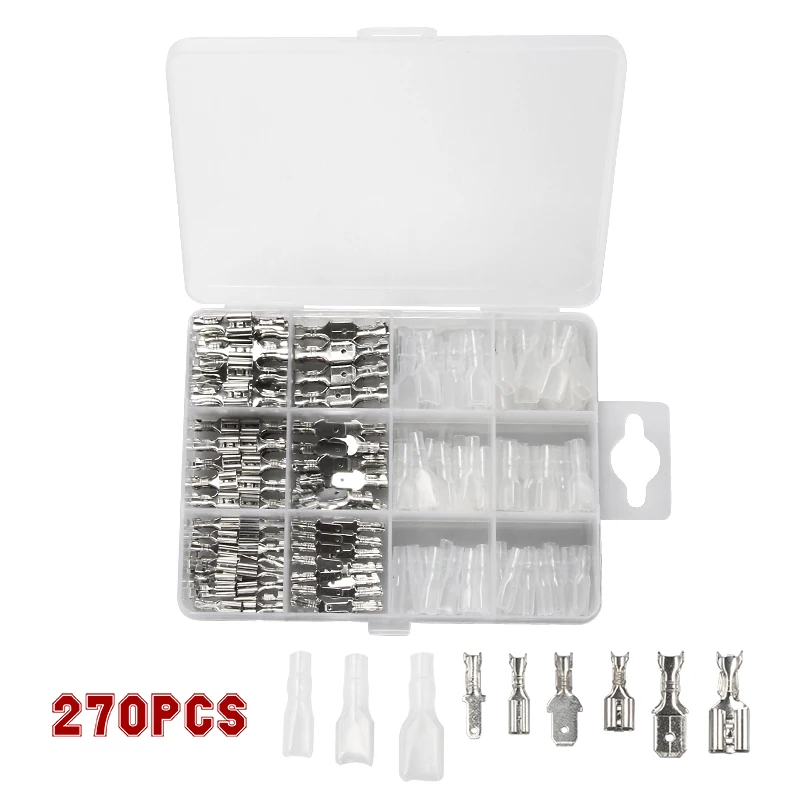 270pcs 270 шт., 2,8 мм, 4,8 мм, 6,3 мм, клеммный разъем, изолированное уплотнение, электрические провода, обжимные клеммы, набор - Цвет: 270pcs