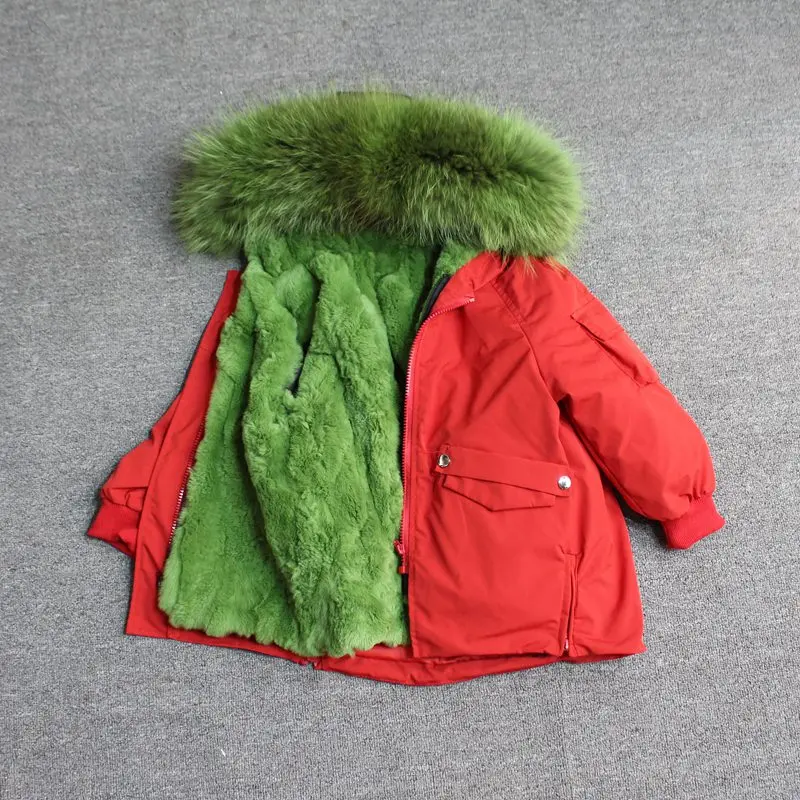 red green fur Для маленьких мальчиков детская зимняя куртка, детская куртка-пуховик для девочек зимняя куртка для детей в Зимняя куртка для девочек и мальчиков детские линией натурального меха кролика, парка, пальто - Цвет: red green fur