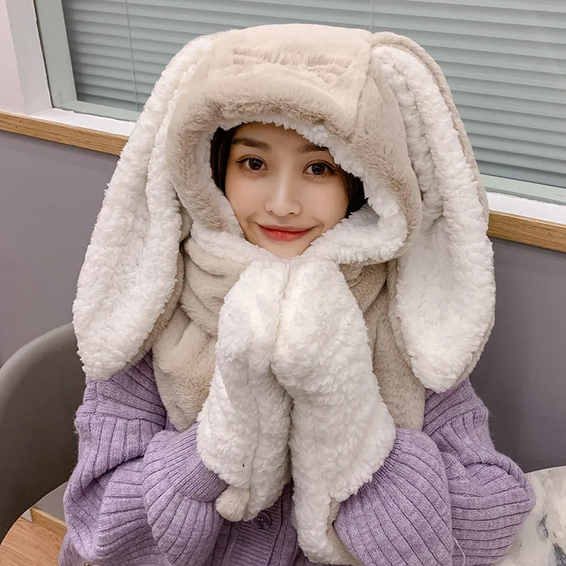 Cute Women Winter Thicken Plush Warm Earflap Hat Cute Rabbit Ears Windproof Beanie Cap Female Gloves Hat Scarf Set Girl Present