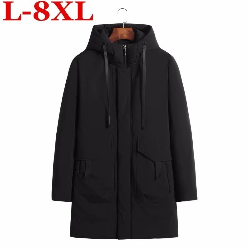 Мужской длинный пуховик 8XL 7XL размера плюс модная теплая зимняя парка с капюшоном