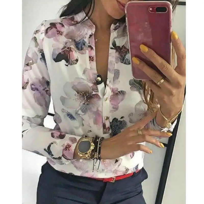 

Fashion Slim Floral Print OL Women Ladies Shirts Casual Long Sleeve Top Shirts Blouses