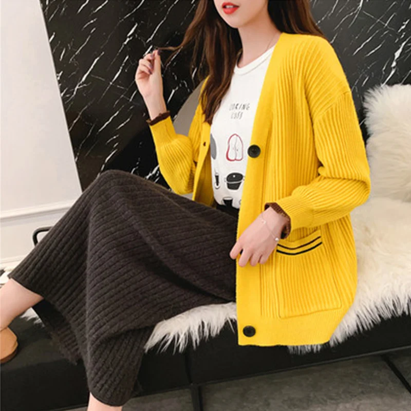 

2019 New Spring Autumn Vintage Female Single-Breasted Cardigan Sweater Coat Casual Loose Lantern sleeve Knitted Coat cc865