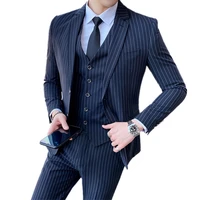 2021 men slim fit business casual stripe 3 pieces set male high quality formal groom wedding suit jacket vest pants trousers