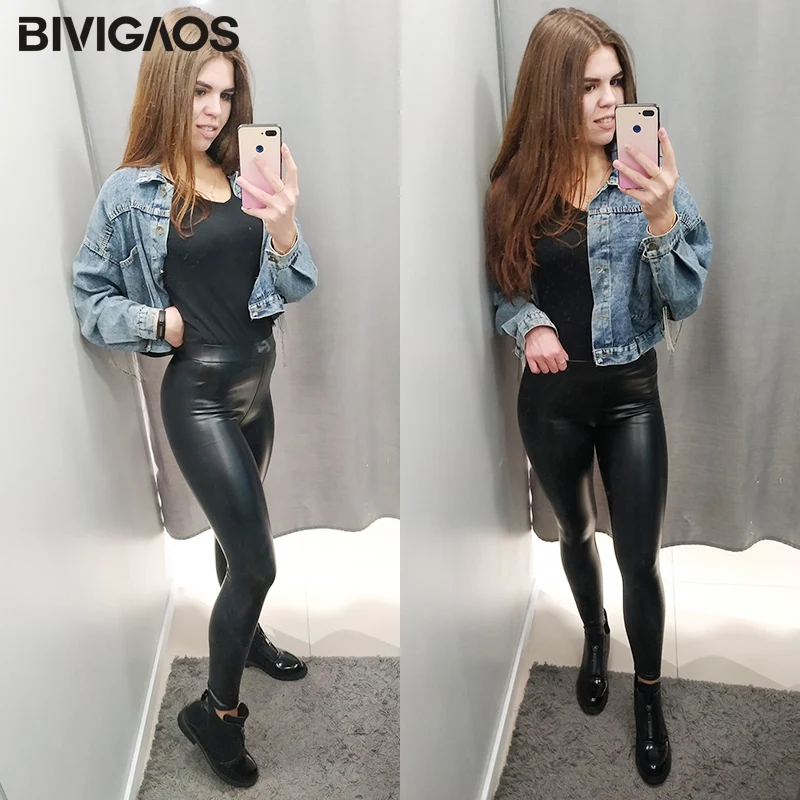 Фото Bivigaos Для женщин Модный сексуальный Осень черный искусственная кожа Леггинсы вельветовые штаны Теплые плотные леггинсы тонкий сексуальный ... №5