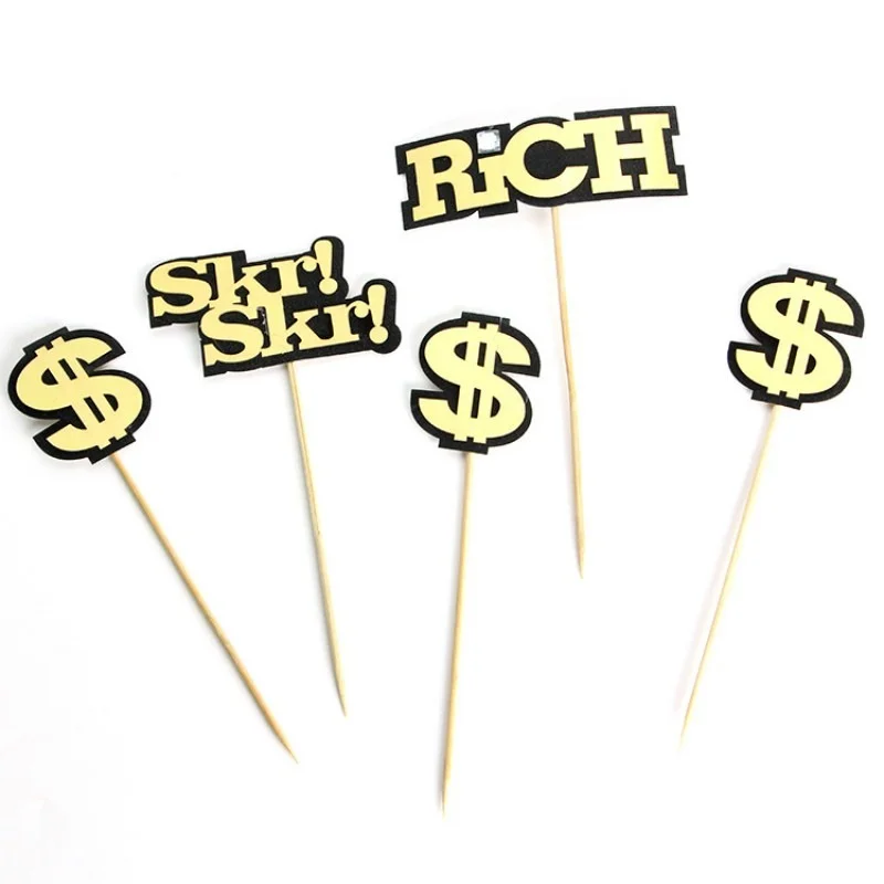 

5pcs/bag Black Gold Dollar Rich Money Theme Happy Birthday Cake Decorating Fathers Day Cake Topper Boy DIY Party Supplies