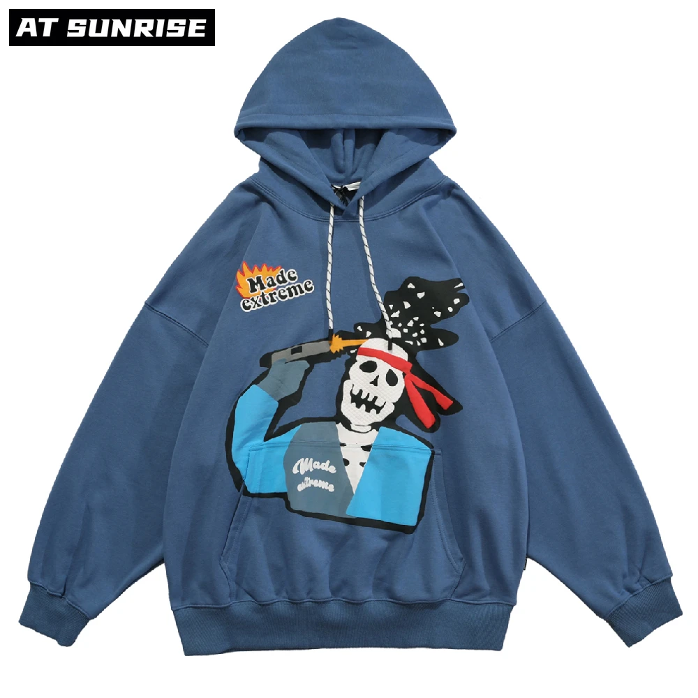 

2021 Men Hip Hop Hoodie Sweatshirt Cartoons Skull Retro Streetwear Harajuku Hoodie Pullover Oversized Cotton blue Loose Hoodie