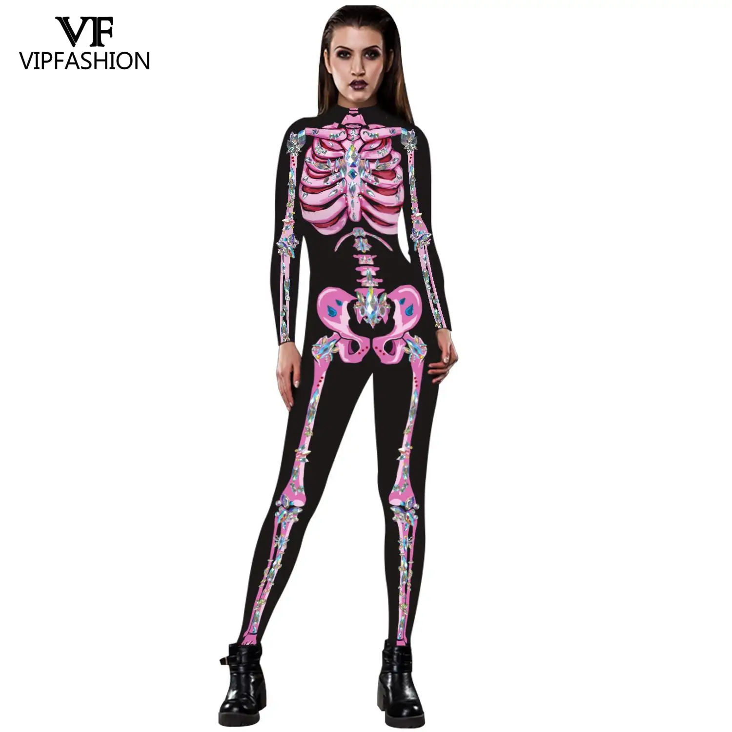 VIP модные COS женские пикантные розовые с принтом скелета Комбинезоны длинным