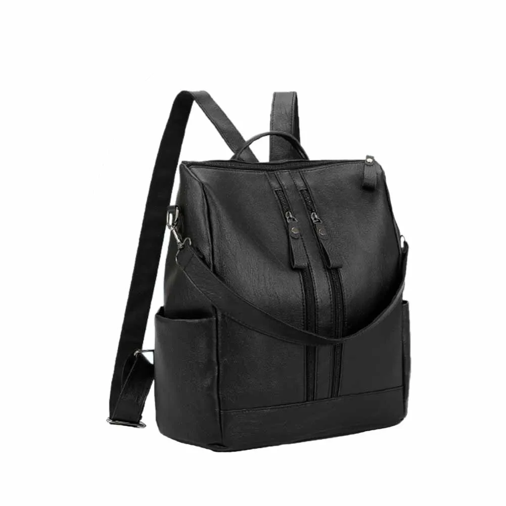 

Anti-theft Women Backpack PU Leather Waterproof Black School Bag Double Zip Portable Travel Shoulder Bag