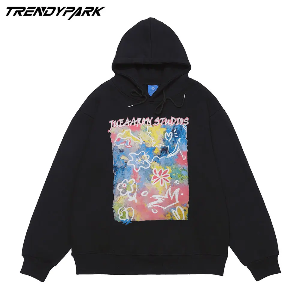 

2021 Men Streetwear Sweatshirt Hoodie Flowers Painting Oversized Hip Hop Hooded Hoodie Winter Flowers Harajuku Pullover Black