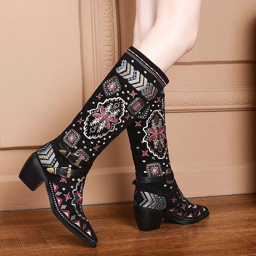 

DoraTasia Plus Size 34-46 New Ladies Embroider Boots Pointed Toe Thick High Heels Buckle Cow Suede Boots Women Rivet Shoes Woman