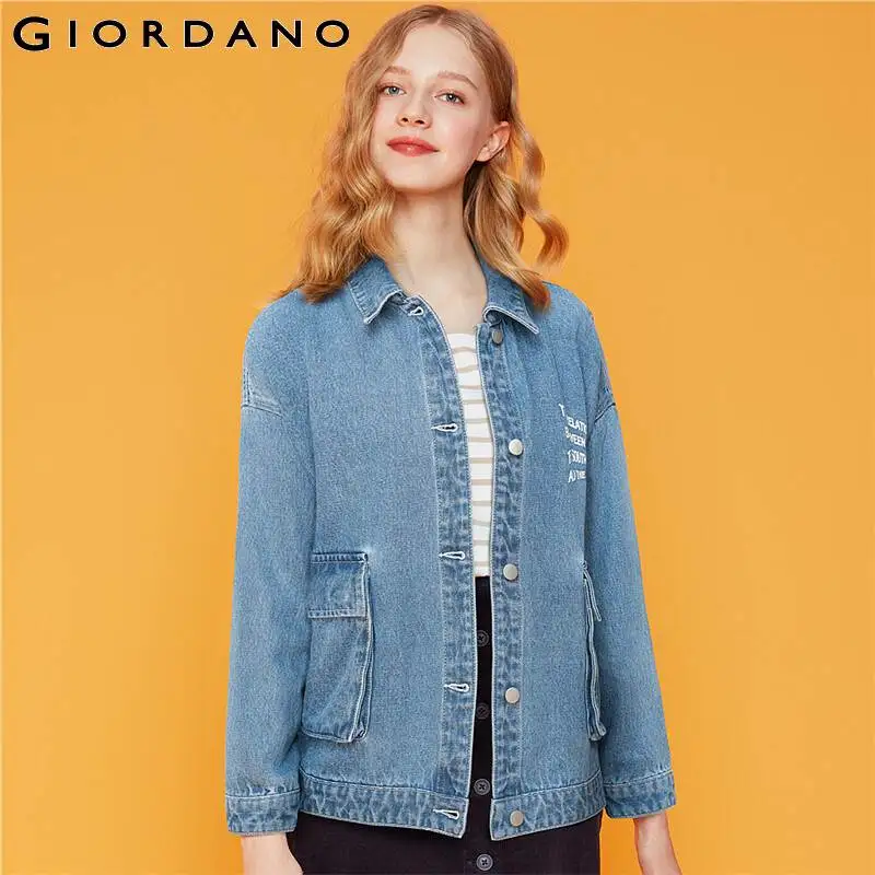 Женская джинсовая куртка Giordano из 100% хлопка с отложным воротником и карманами