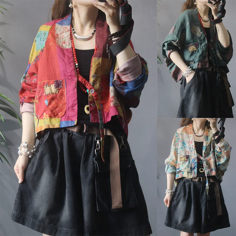 

QING MO Autumn Fashion Women Short Coat Loose And Thin Retro Cardigan Coat 2021 New Trend Printing Coat Red ZWL358