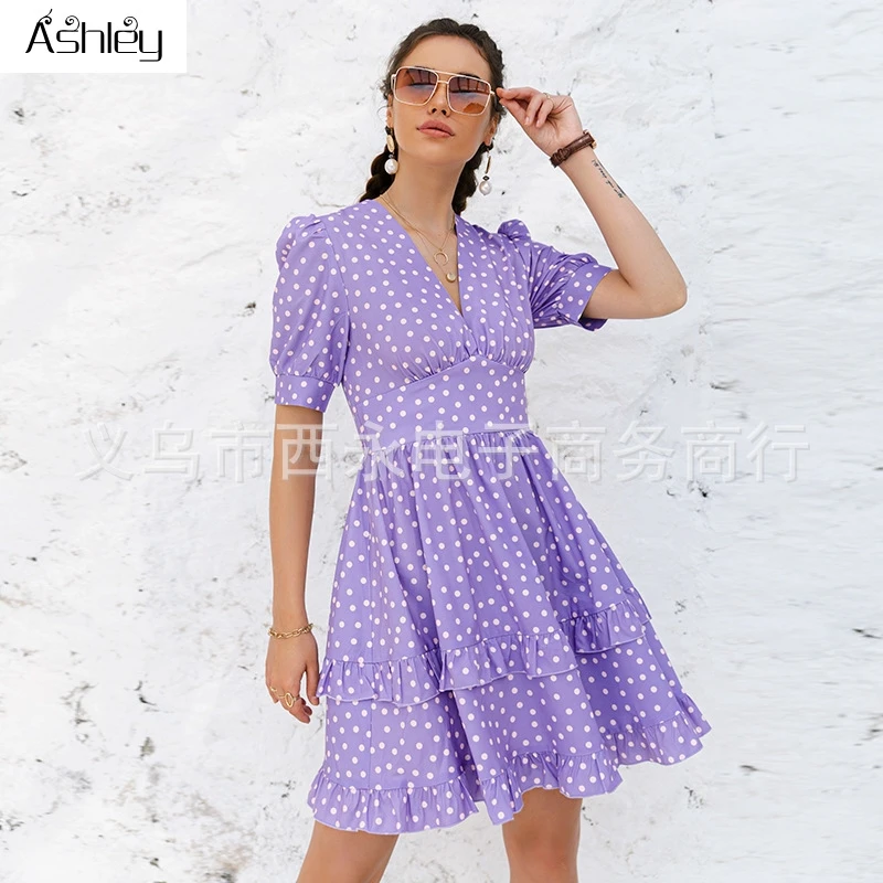

Ashley Purple polka-dot Short Dress Puff sleeve A-line High Waist Short Sleeve Dress Sexy Sweet Sashion Summer Dress New