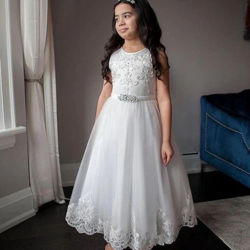 

Flower Girl Dresses For Weddings Lace Appliques Pearls First Communion Dresses 2020 Tulle Ivory Floor Length sukienki komunijne