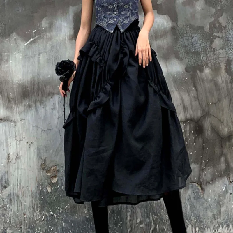 LANMREM черная эластичная юбка с высокой талией сшитая гофрированная юбка-пончо