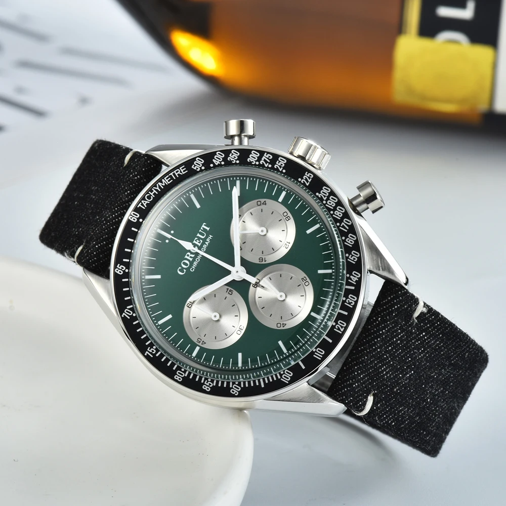 40MM Corgeut Luxury Mens Watch Sport Multifunction Chronograph Leather Strap Quartz Male Clock Black White Watches часы мужские |