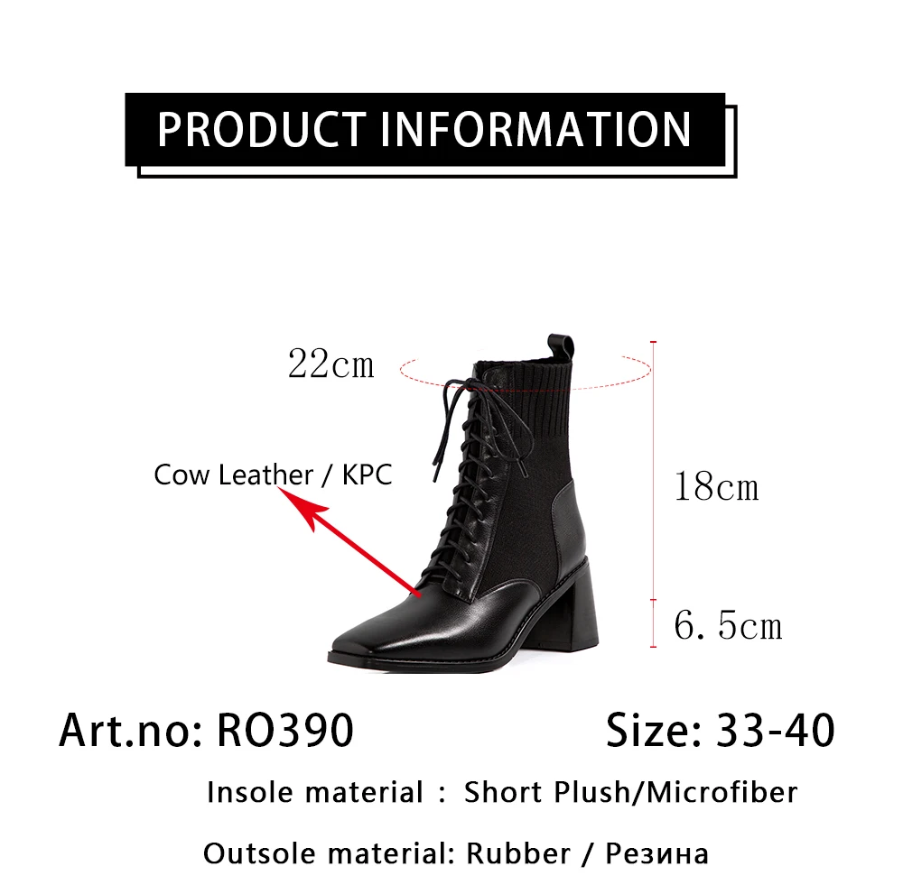 

RJN Ankle Boots For Women Lace Up Square Toe Heeled Genuine Leather Elegant Autumn Winter Fashion New Women Shoes RO390