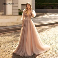 smileven dirty pink puff sleeve prom dresses lace long prom party gowns elegant formal evening dress open back
