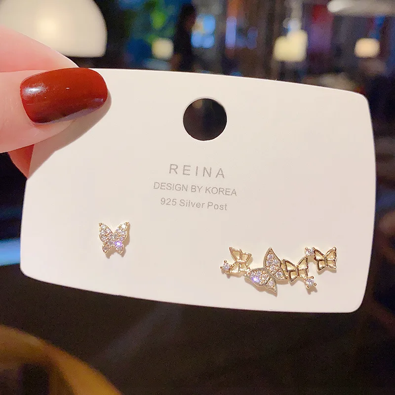 

S925 Silver Needle Summer Exquisite Butterfly Asymmetrical Micro-inlaid Zircon High-end Earrings Wild Temperament Earrings