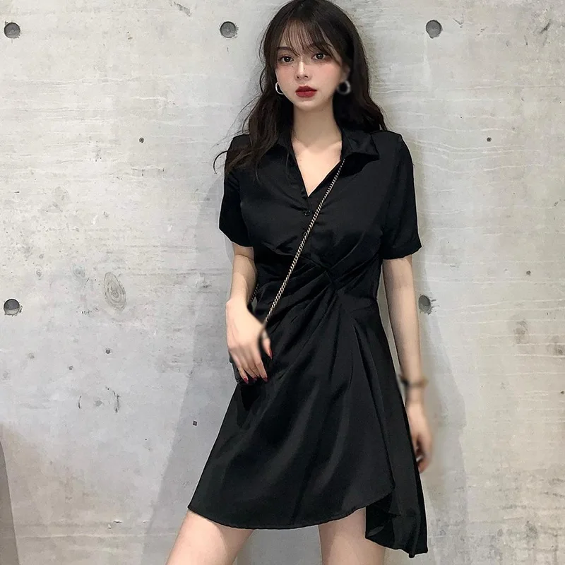 

Korean Fashion Black Dress Women Harajuku Irregular Thin Dresses Summer Sexy V Neck Dress