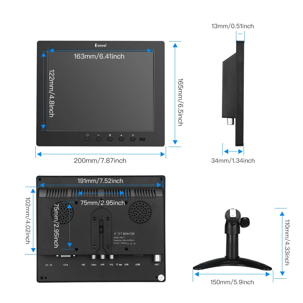 Eyoyo 8 дюймов HDMI маленький экран телевизора 1024x768 CCTV LCD IPS VGA USB AV пульт дистанционного