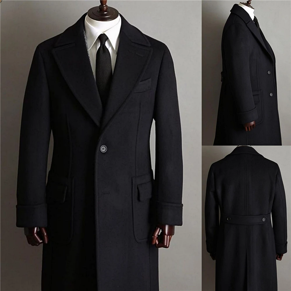 

Black Winter Jacket Men Tweed Wool & Blends Trench Long Coat Single Breasted Military Overcoat Veste Homme Abrigo Largo Hombre