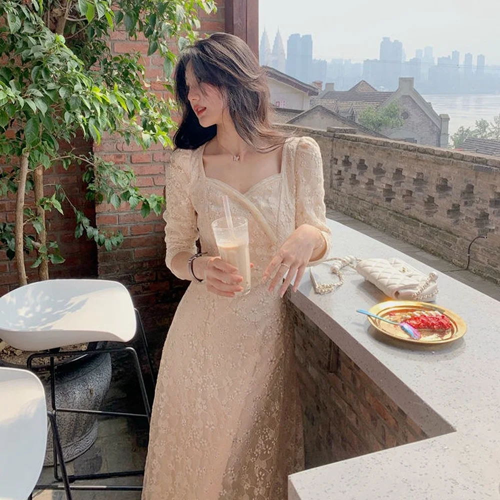 

Fairy Vintage Lace Women Evening Party Elegant Midi Dress Female Embroidery Floral Designer One-Piece Dress Korean 2021 Summer