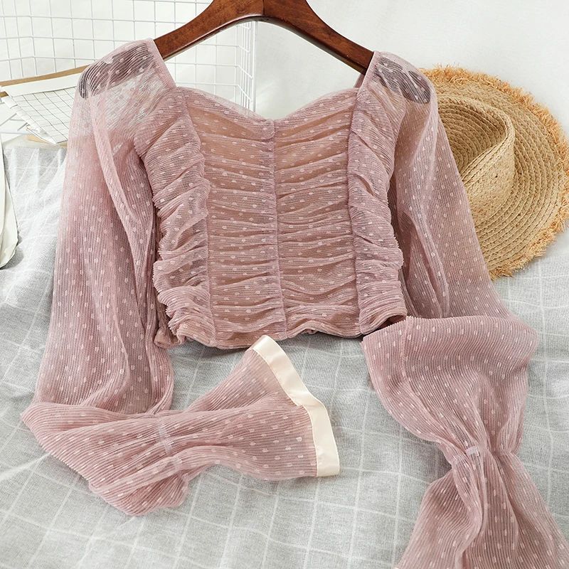 Joinyouth Сексуальная сетчатая женская рубашка в горошек винтажная шифоновая блузка