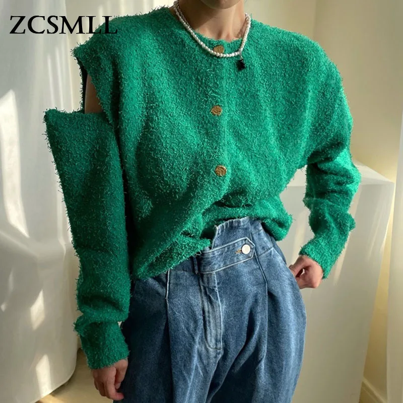 

ZCSMLL корейский Ретро-кардиган с круглым вырезом со съемным дизайном, однобортный Свободный вязаный кардиган с длинными рукавами, женский св...