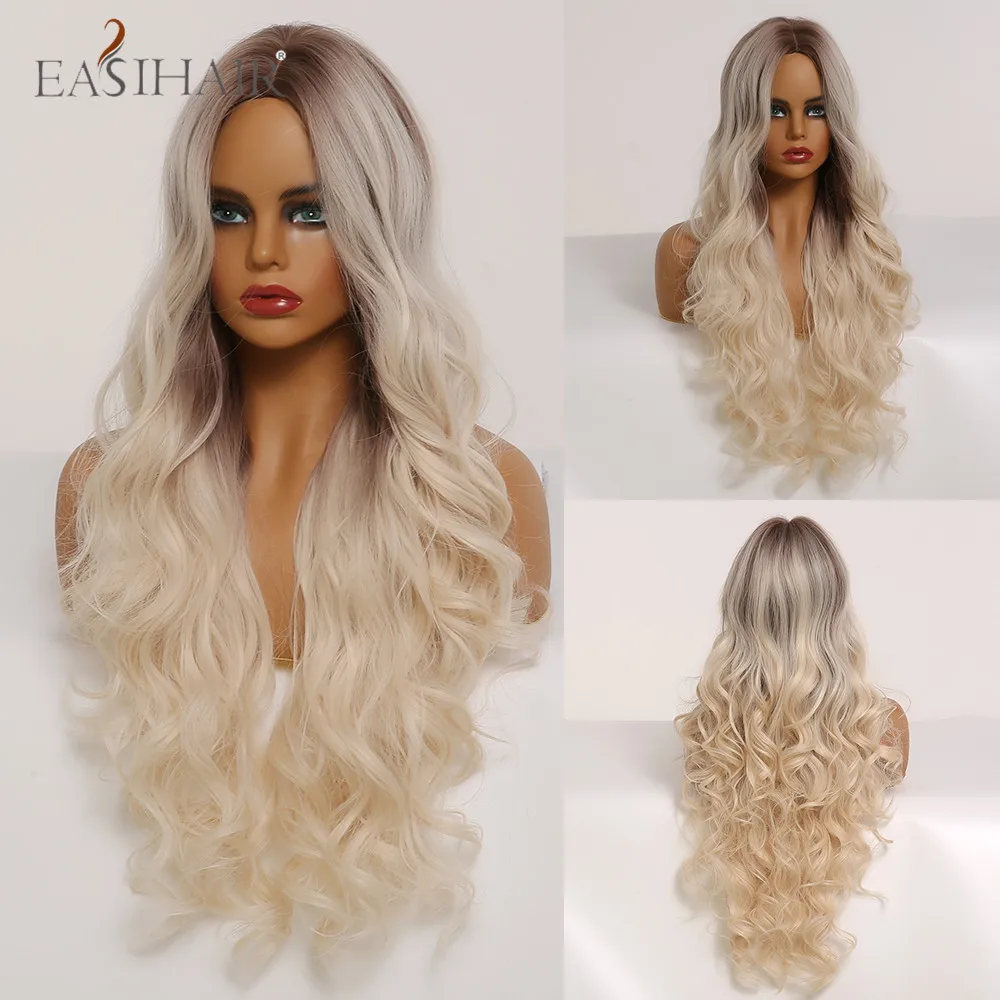 

EASIHAIR Long Synthetic Ombre Blonde Body Wave Wigs for White Women Cosplay Wigs Middle Part Natural Hair Heat Resistant Fiber
