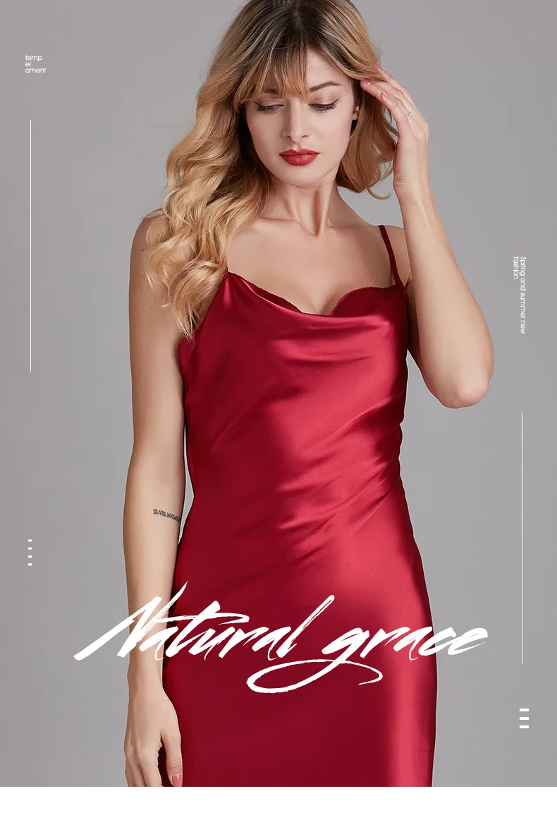 

Silk Pajamas Women's Spring And Summer Elegant Swing Collar Thin Nightgown Tracksuit-Outer Wear lingerie sexy dress